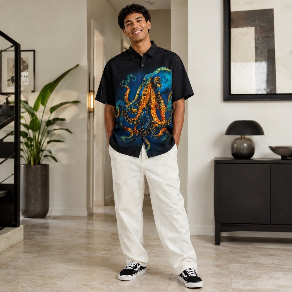 Hardaddy Octopus Print Hawaiian Shirt Nautical Coastal Beach Streetwear Y2K SZ L